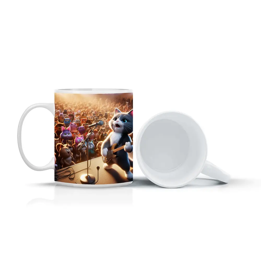 Cartoon Cat Guitarist Performing Live Concert Stage – Mugs