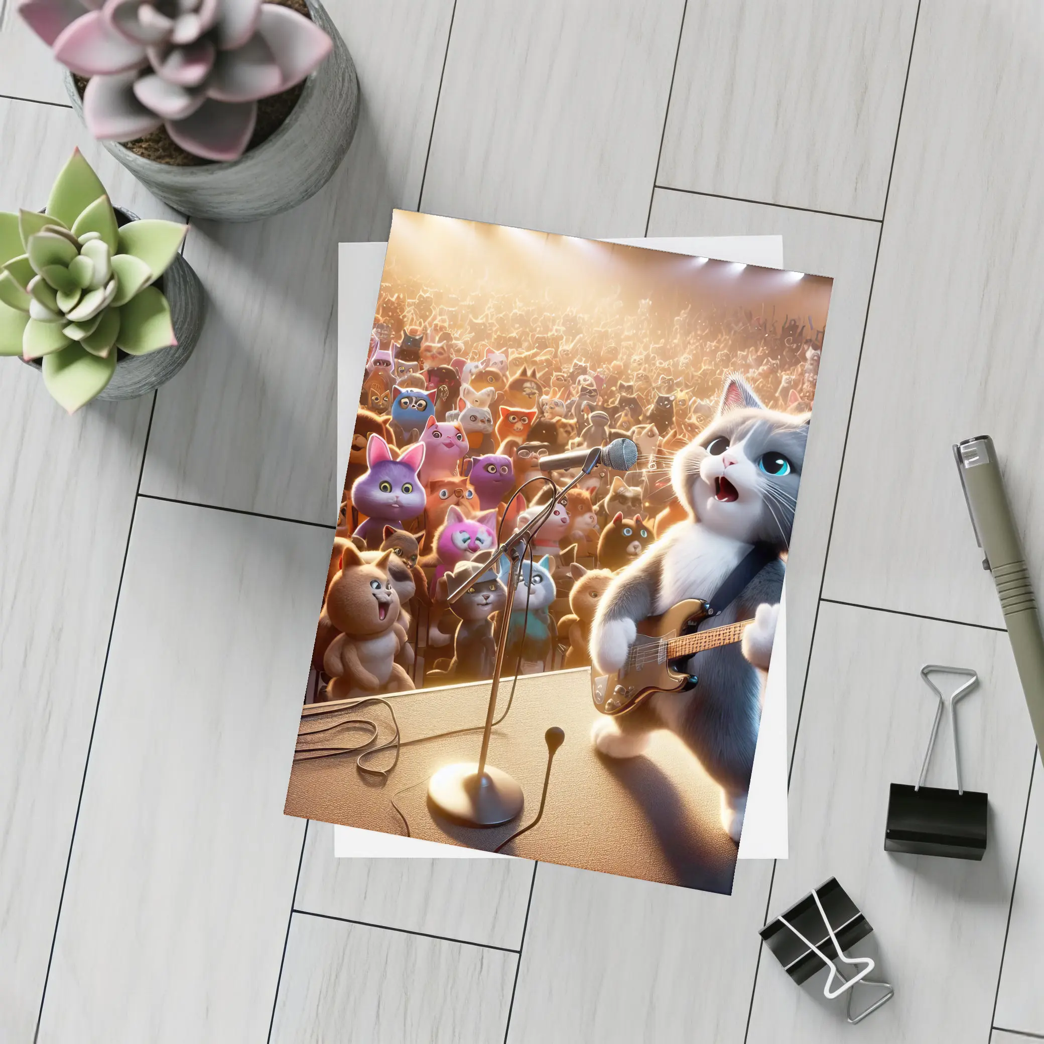 Cartoon Cat Guitarist Performing Live Concert Stage – Postcards