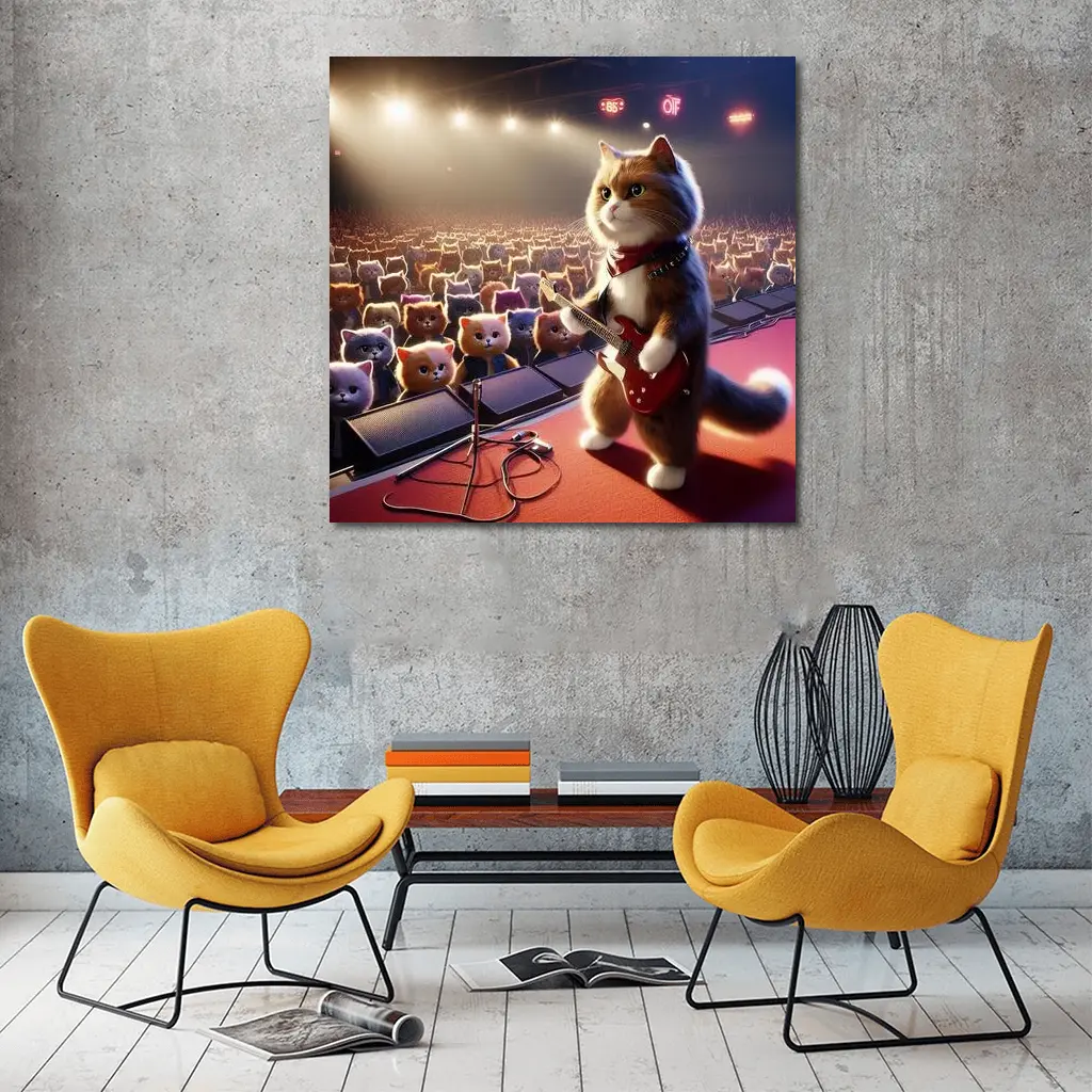 Cat Guitarist Rocking Concert Stage Crowd – Wall Art