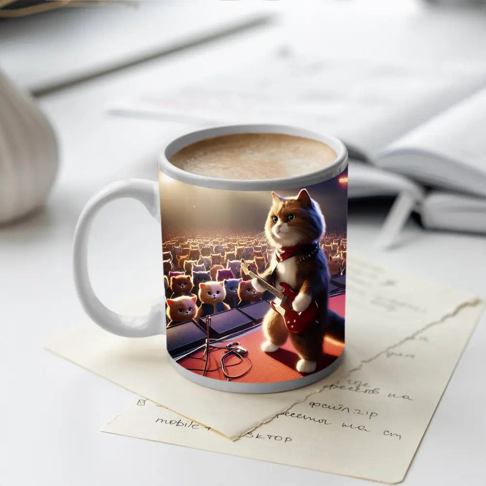 Cat Guitarist Rocking Concert Stage Crowd – Mugs