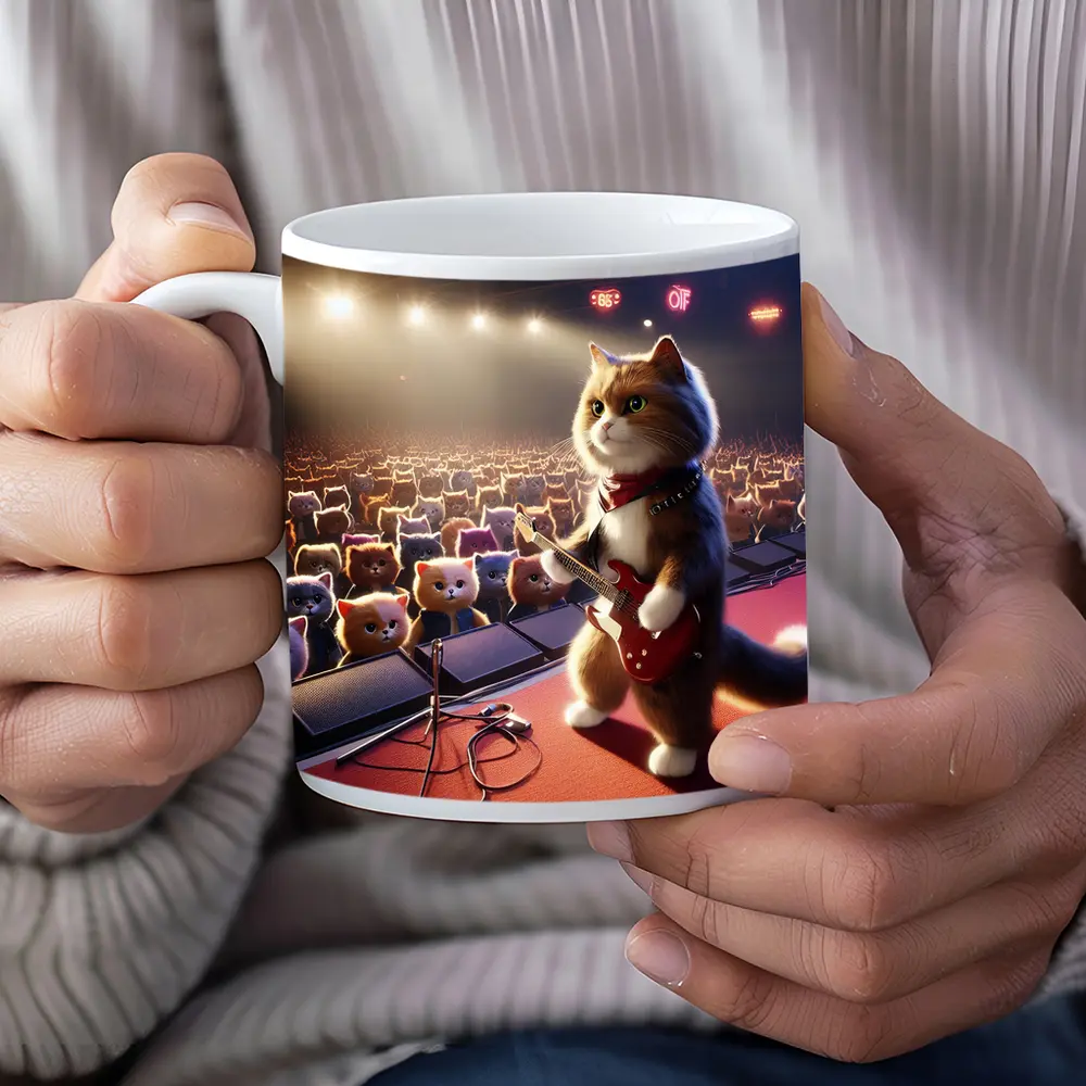 Cat Guitarist Rocking Concert Stage Crowd – Mugs