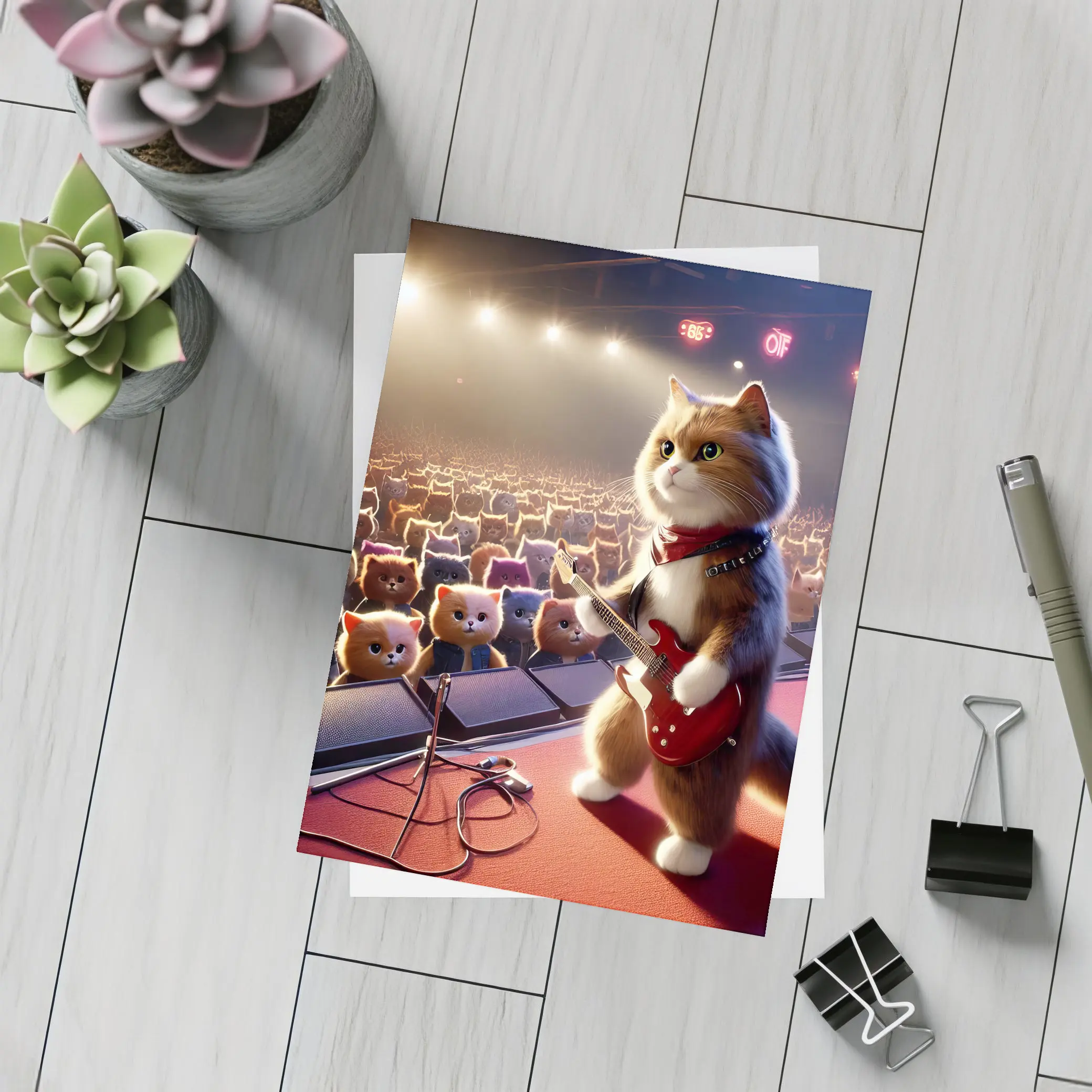 Cat Guitarist Rocking Concert Stage Crowd – Postcards