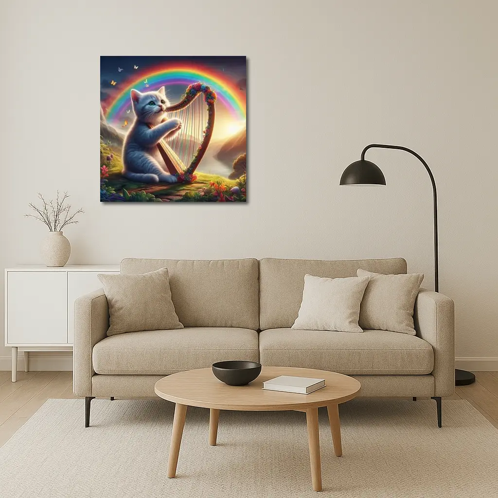 Gray Cat Playing Harp Rainbow Fantasy Landscape – Wall Art