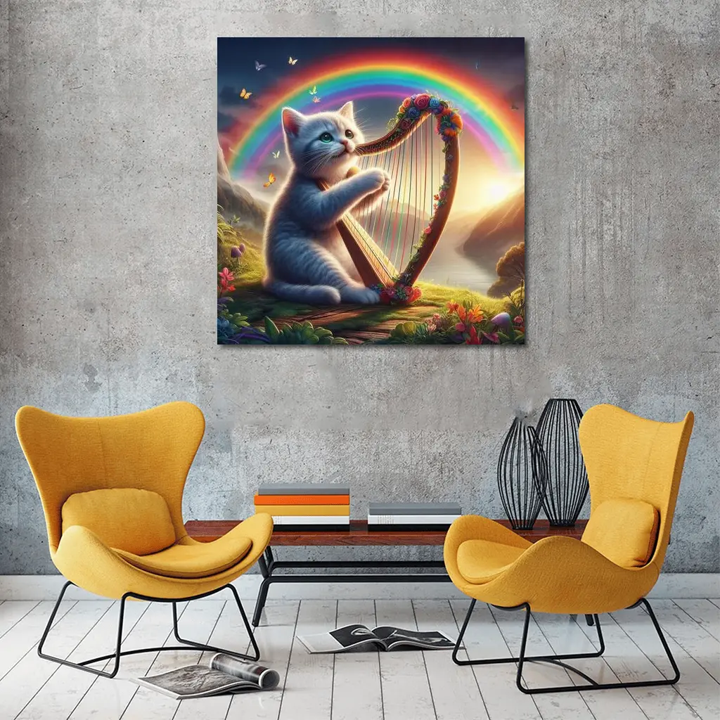 Gray Cat Playing Harp Rainbow Fantasy Landscape – Wall Art