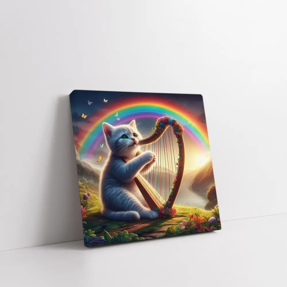 Gray Cat Playing Harp Rainbow Fantasy Landscape – Wall Art