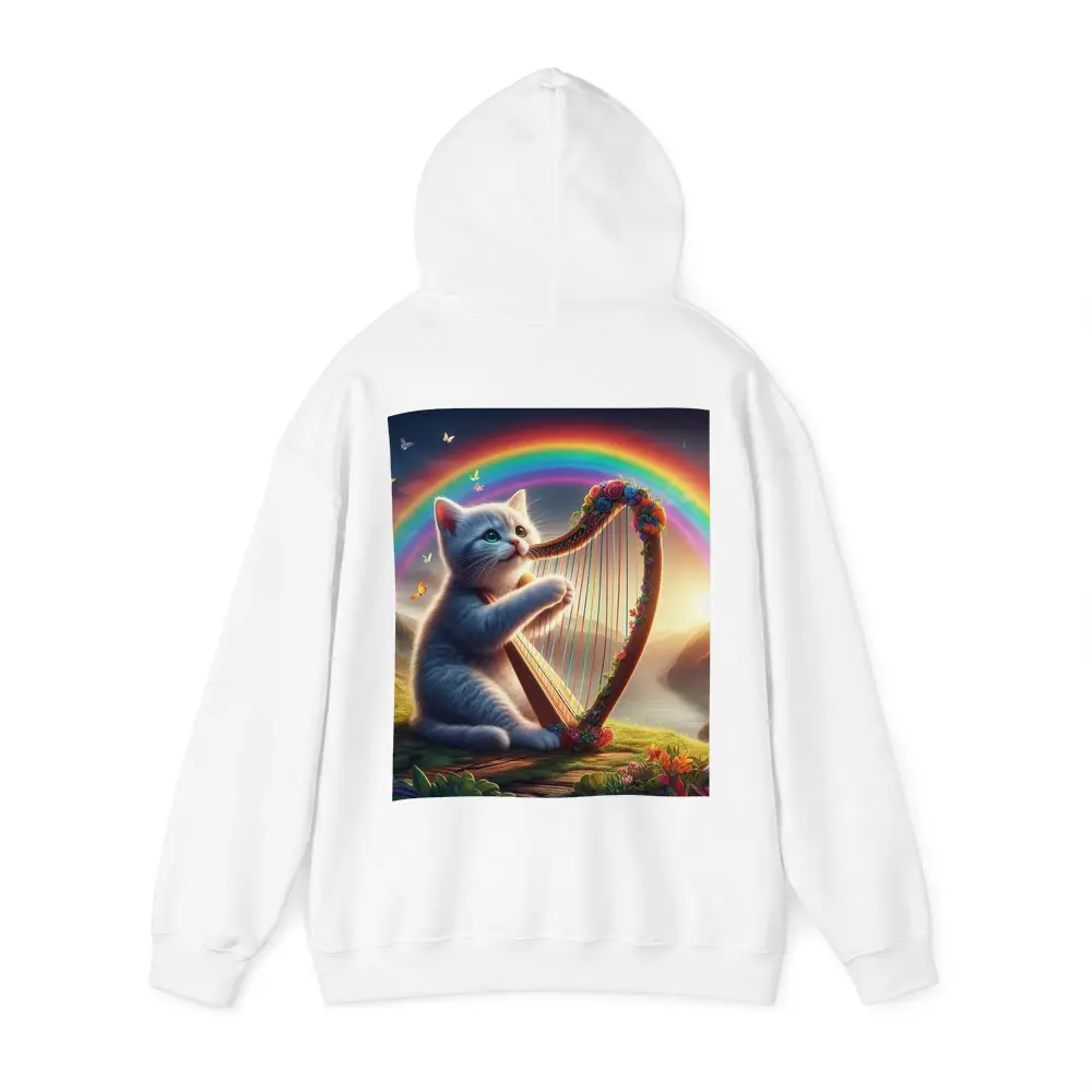 Gray Cat Playing Harp Rainbow Fantasy Landscape – Hoodies