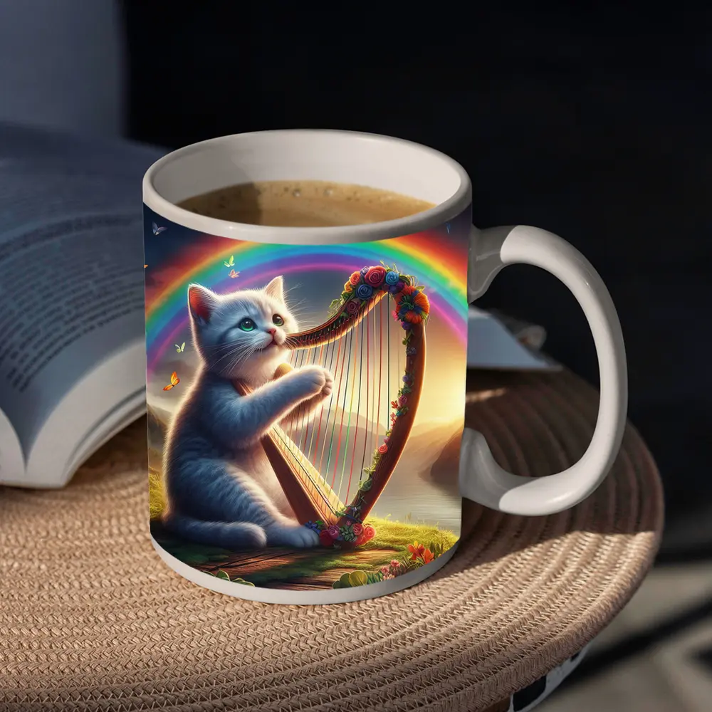 Gray Cat Playing Harp Rainbow Fantasy Landscape – Mugs