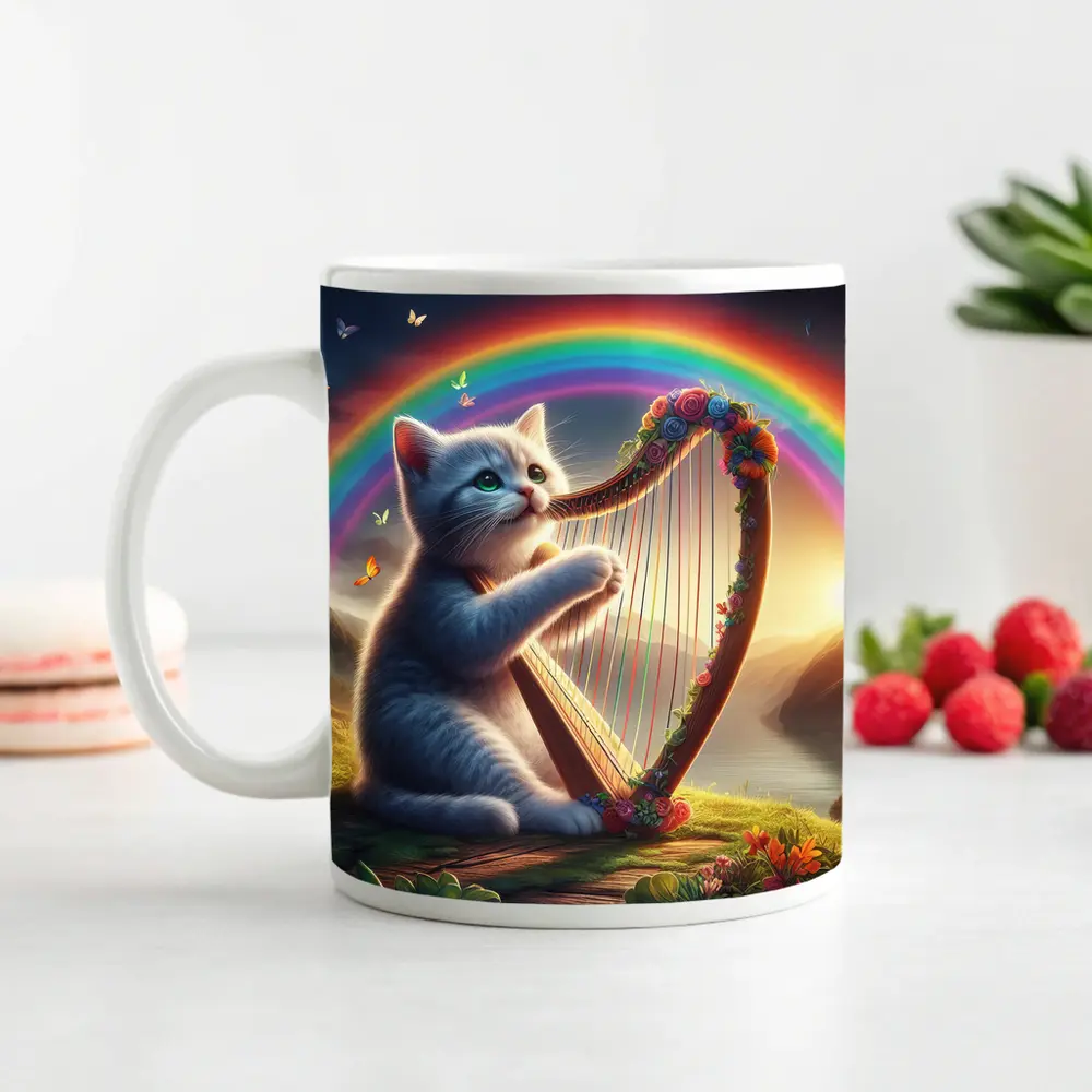 Gray Cat Playing Harp Rainbow Fantasy Landscape – Mugs