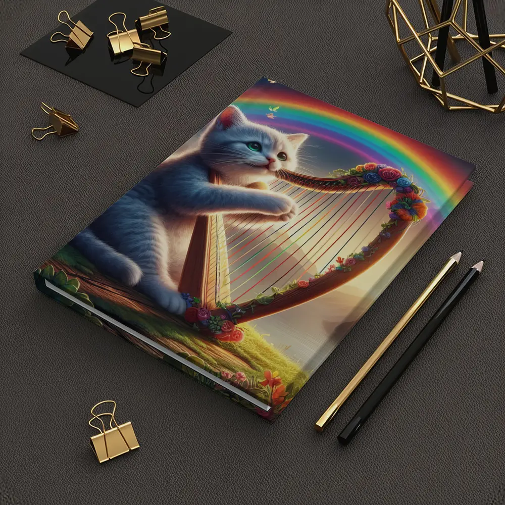 Gray Cat Playing Harp Rainbow Fantasy Landscape – Notebooks