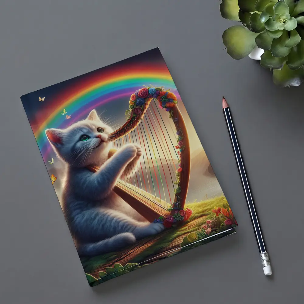 Gray Cat Playing Harp Rainbow Fantasy Landscape – Notebooks
