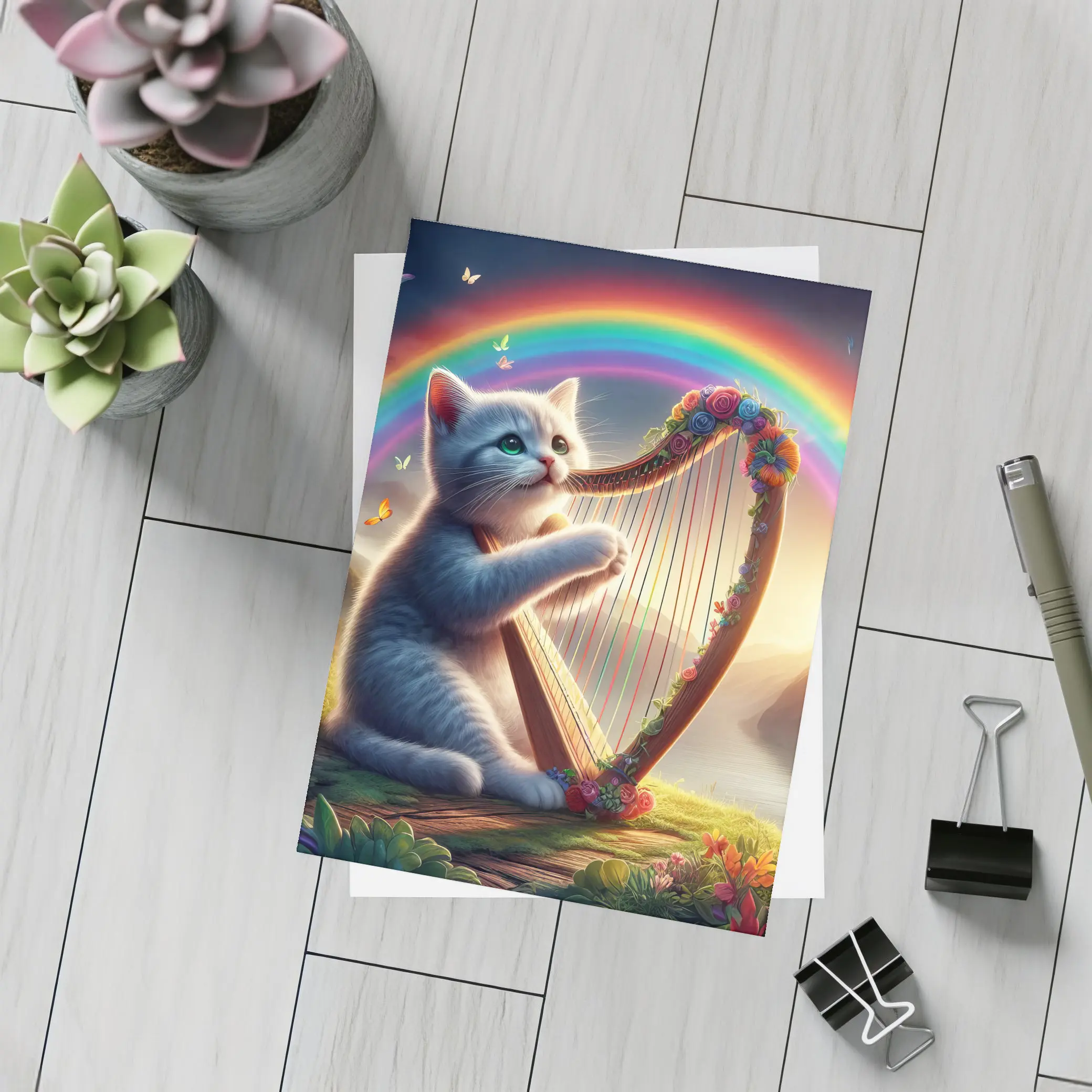 Gray Cat Playing Harp Rainbow Fantasy Landscape – Postcards