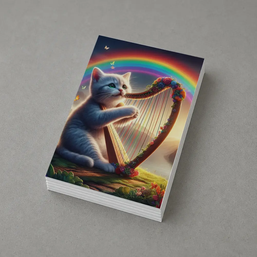 Gray Cat Playing Harp Rainbow Fantasy Landscape – Postcards