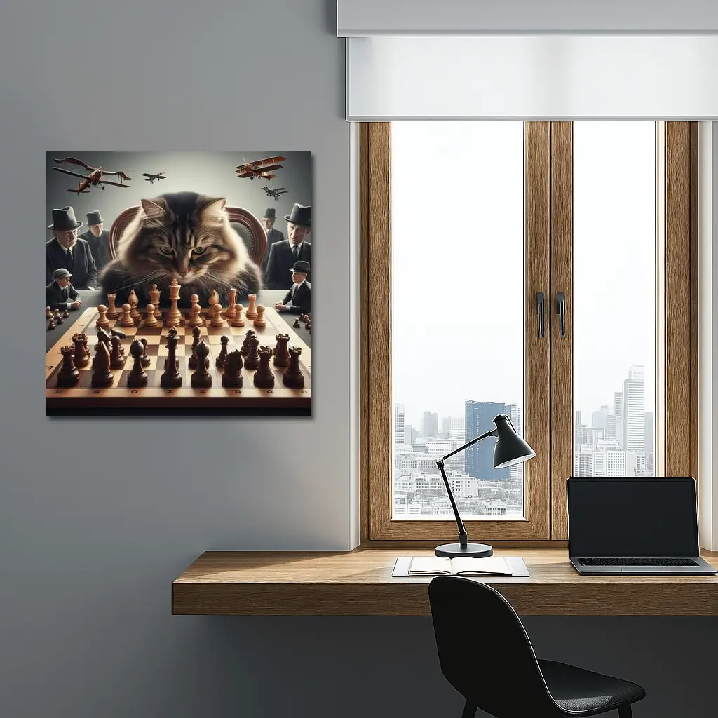 Serious Cat Playing Chess With Men – Wall Art