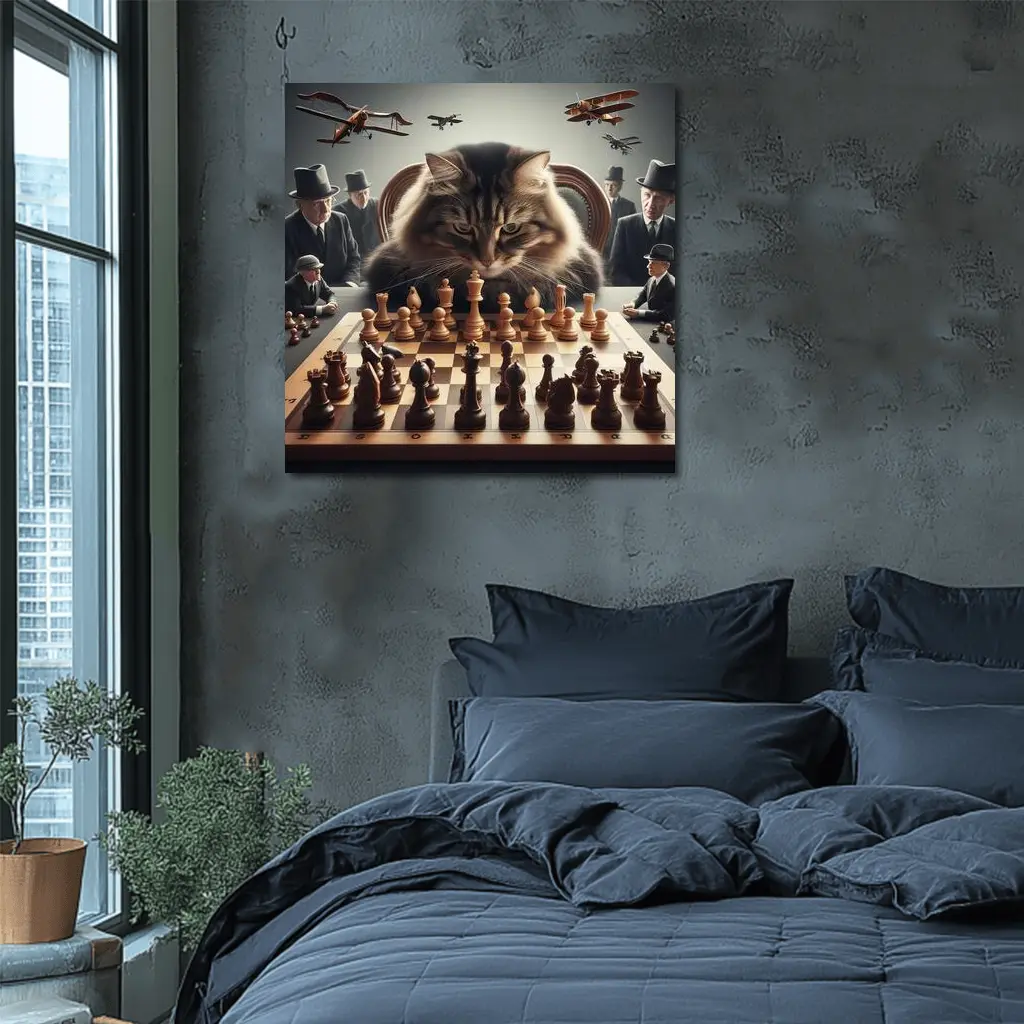 Serious Cat Playing Chess With Men – Wall Art