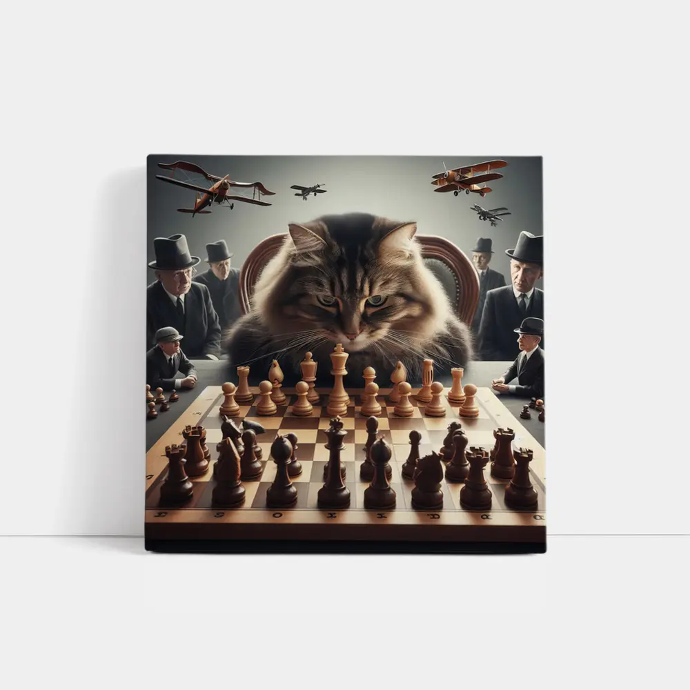 Serious Cat Playing Chess With Men – Wall Art