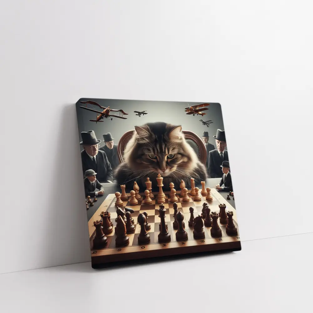 Serious Cat Playing Chess With Men – Wall Art