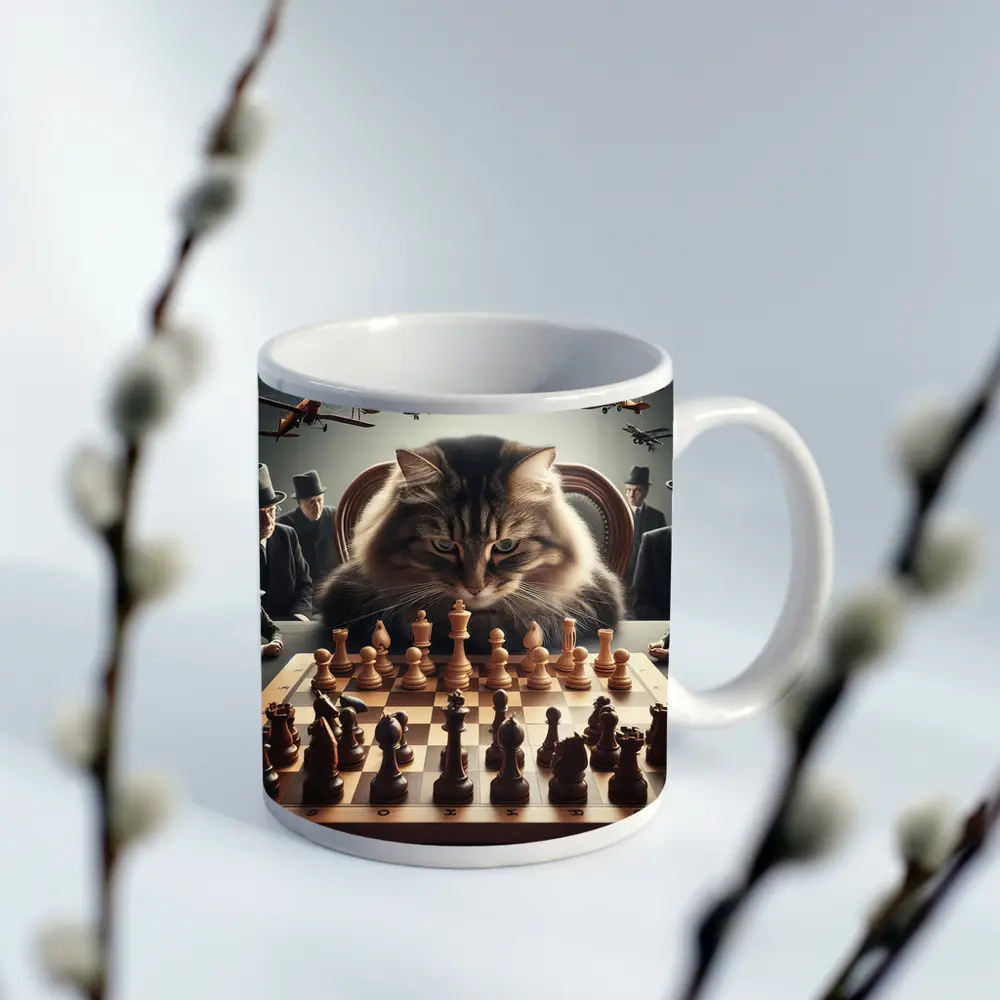 Serious Cat Playing Chess With Men – Mugs