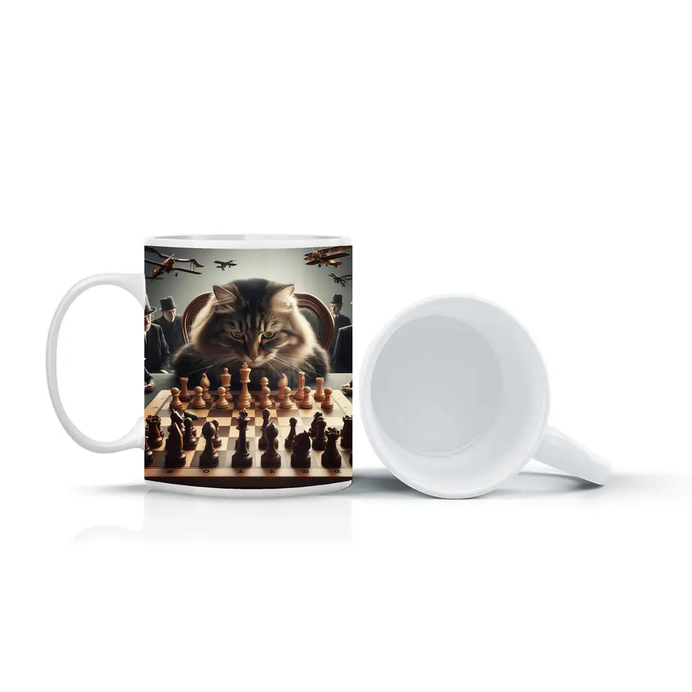 Serious Cat Playing Chess With Men – Mugs