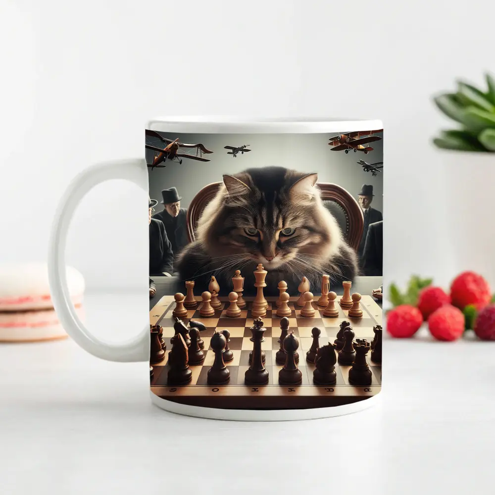 Serious Cat Playing Chess With Men – Mugs