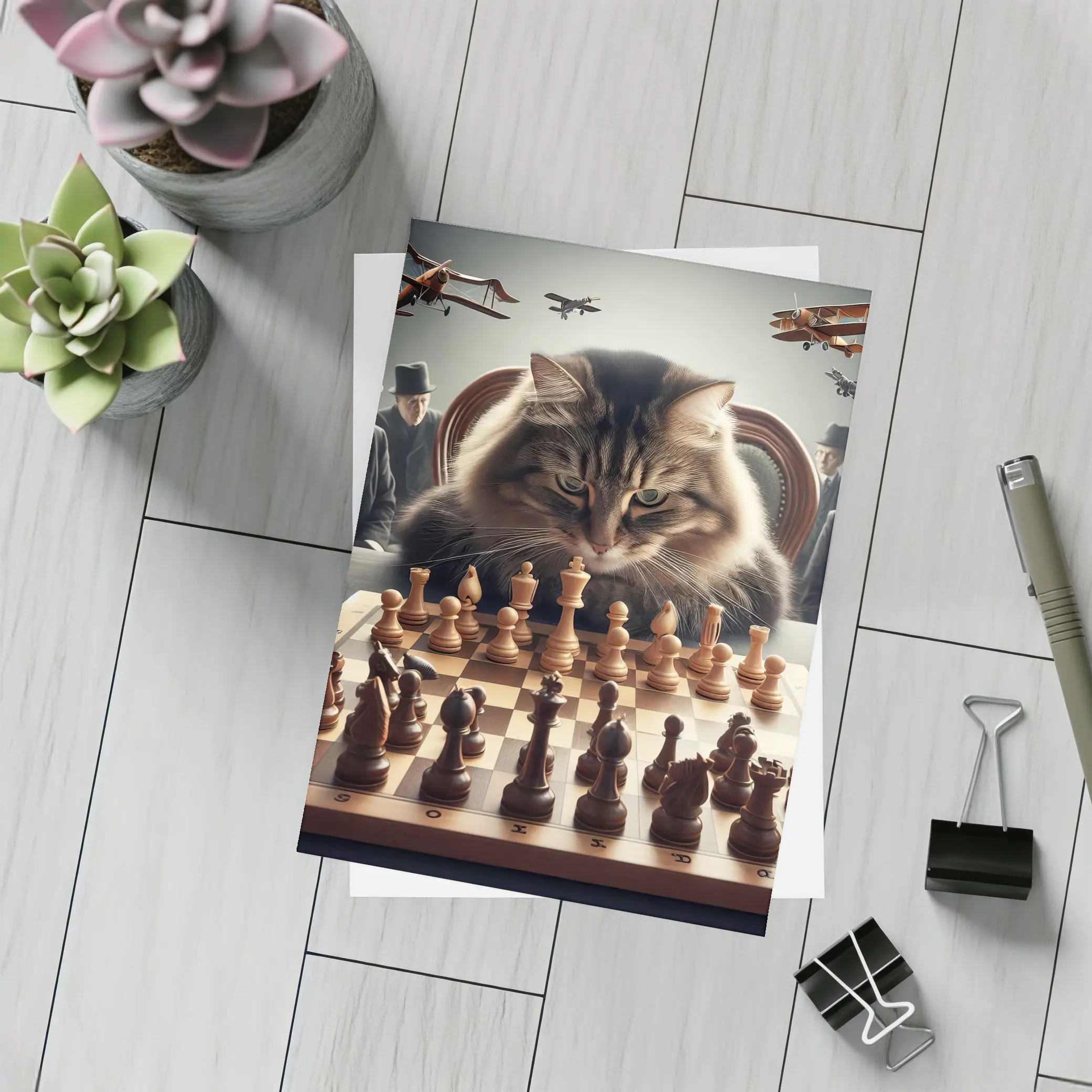 Serious Cat Playing Chess With Men – Postcards