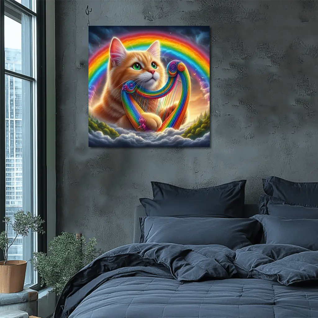 Orange Cat Playing Rainbow Harp on Clouds – Wall Art