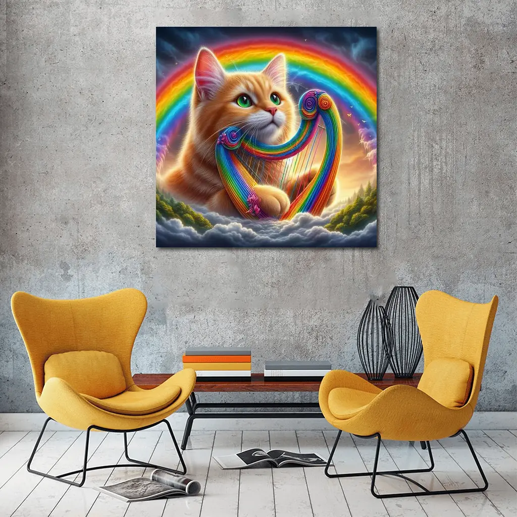 Orange Cat Playing Rainbow Harp on Clouds – Wall Art