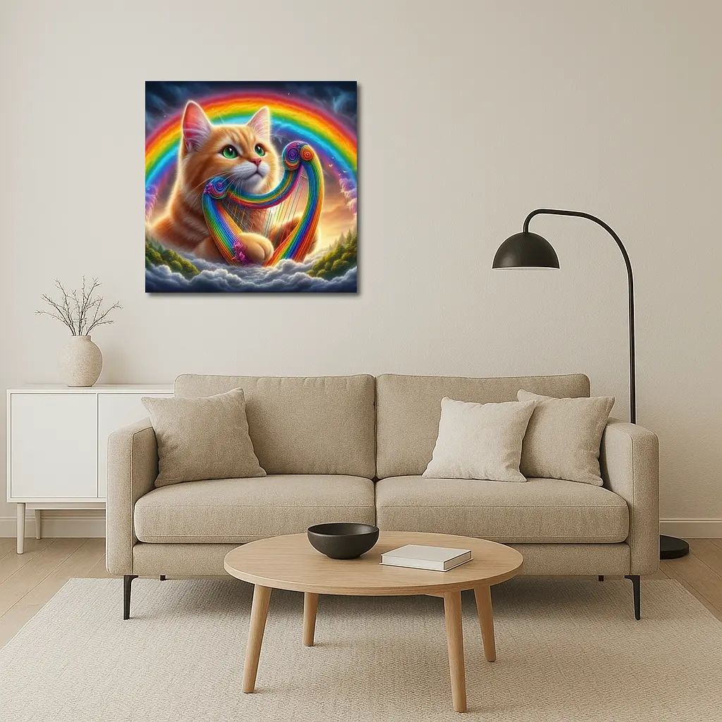 Orange Cat Playing Rainbow Harp on Clouds – Wall Art