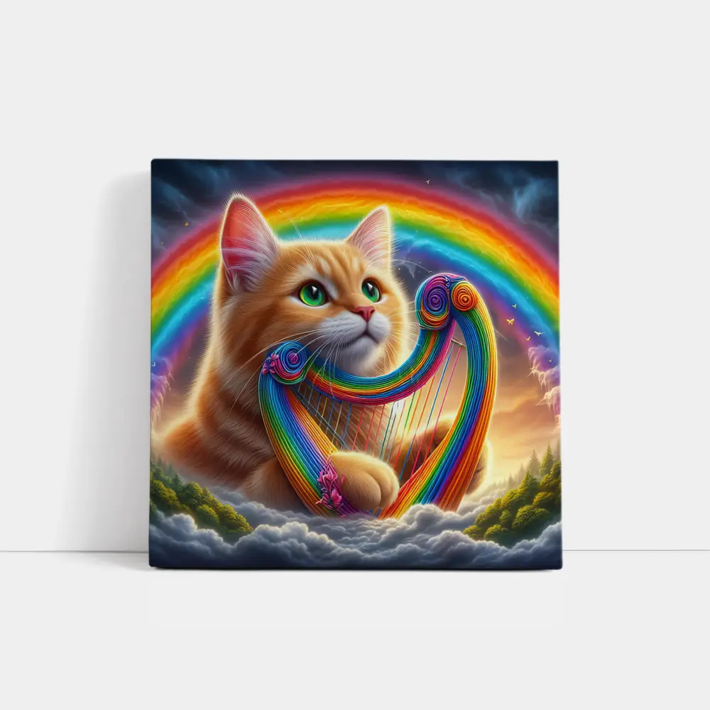 Orange Cat Playing Rainbow Harp on Clouds – Wall Art