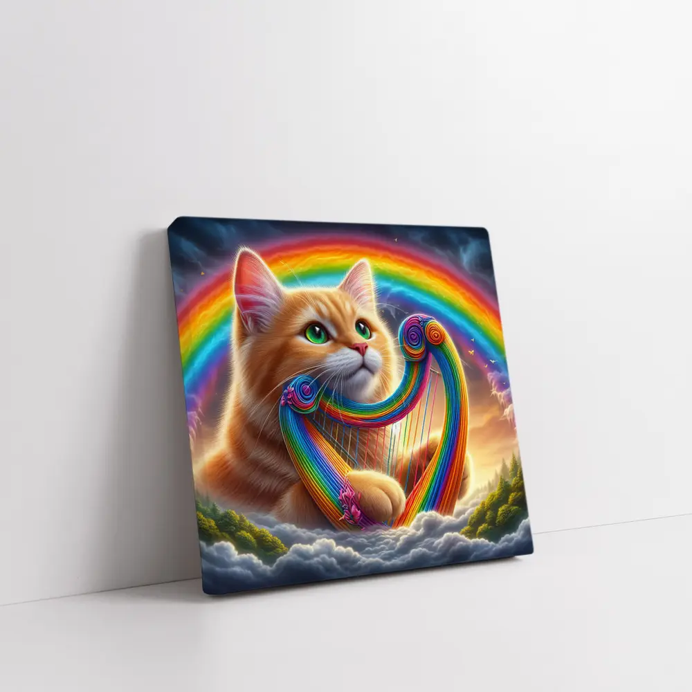 Orange Cat Playing Rainbow Harp on Clouds – Wall Art
