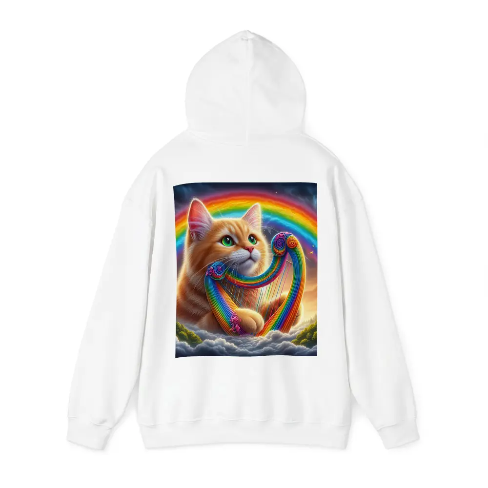 Orange Cat Playing Rainbow Harp on Clouds – Hoodies