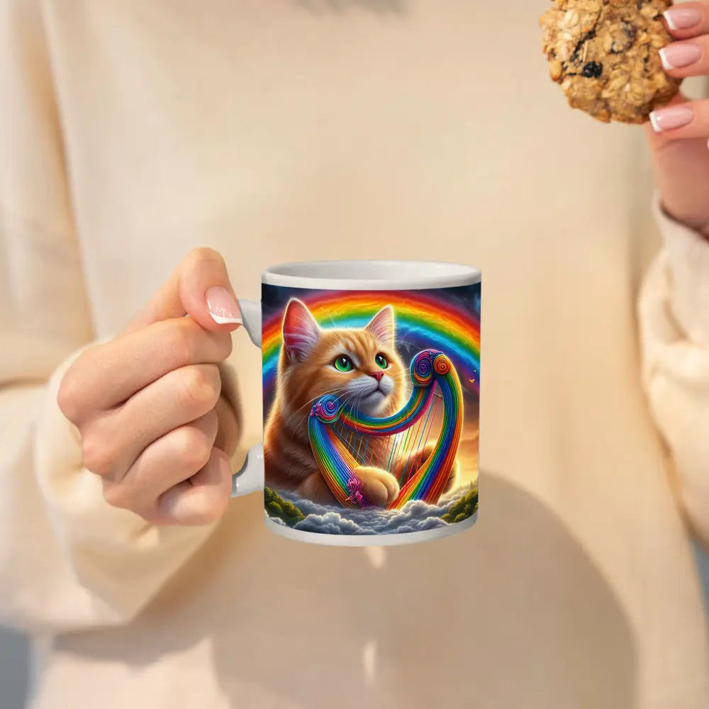 Orange Cat Playing Rainbow Harp on Clouds – Mugs