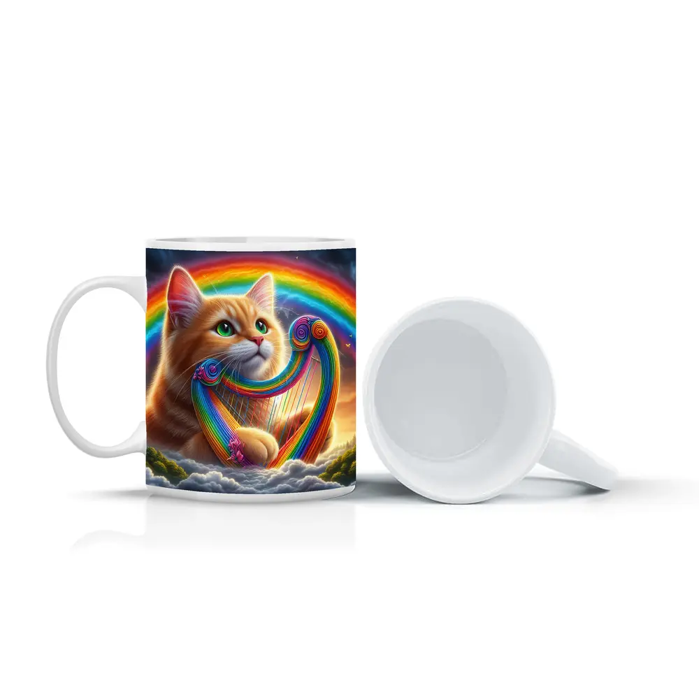 Orange Cat Playing Rainbow Harp on Clouds – Mugs