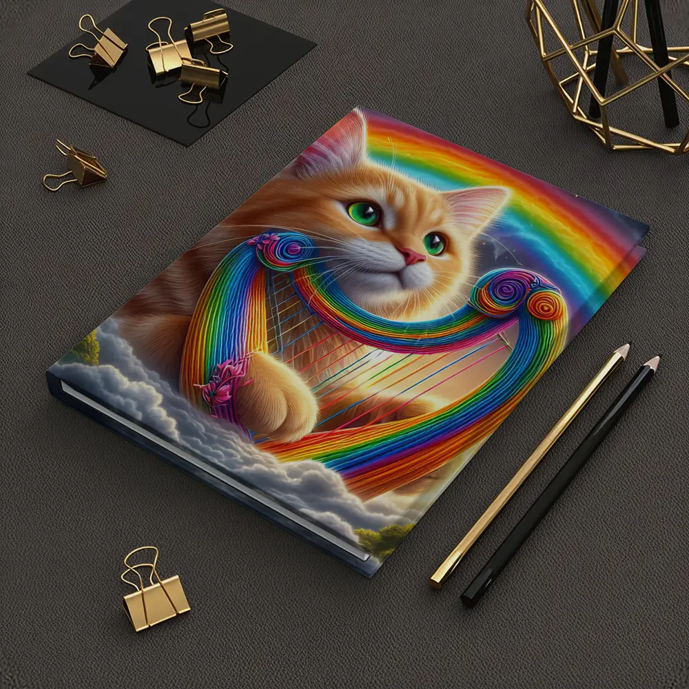 Orange Cat Playing Rainbow Harp on Clouds – Notebooks