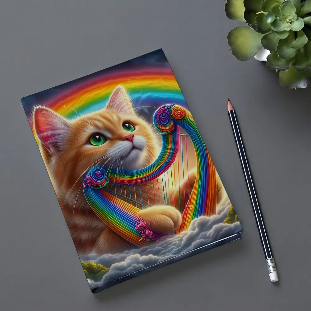 Orange Cat Playing Rainbow Harp on Clouds – Notebooks