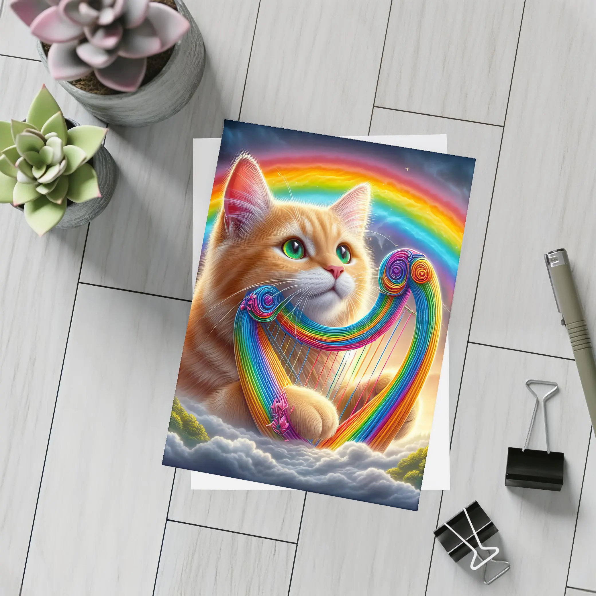 Orange Cat Playing Rainbow Harp on Clouds – Postcards