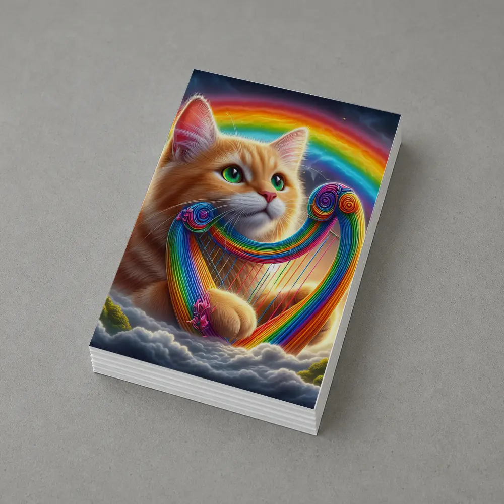 Orange Cat Playing Rainbow Harp on Clouds – Postcards