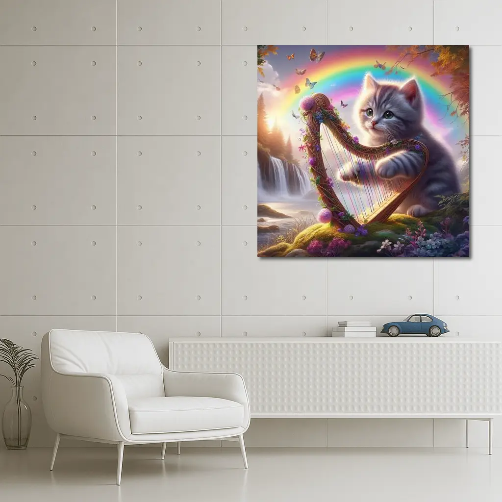 Gray Kitten Playing Harp Rainbow Fantasy – Wall Art