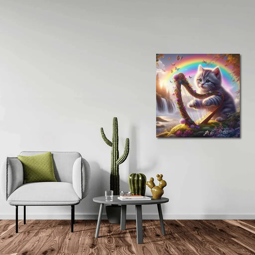 Gray Kitten Playing Harp Rainbow Fantasy – Wall Art