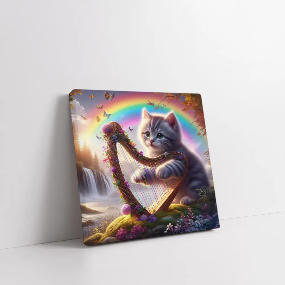 Gray Kitten Playing Harp Rainbow Fantasy – Wall Art