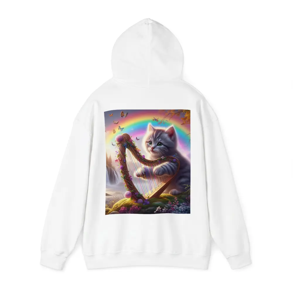Gray Kitten Playing Harp Rainbow Fantasy – Hoodies
