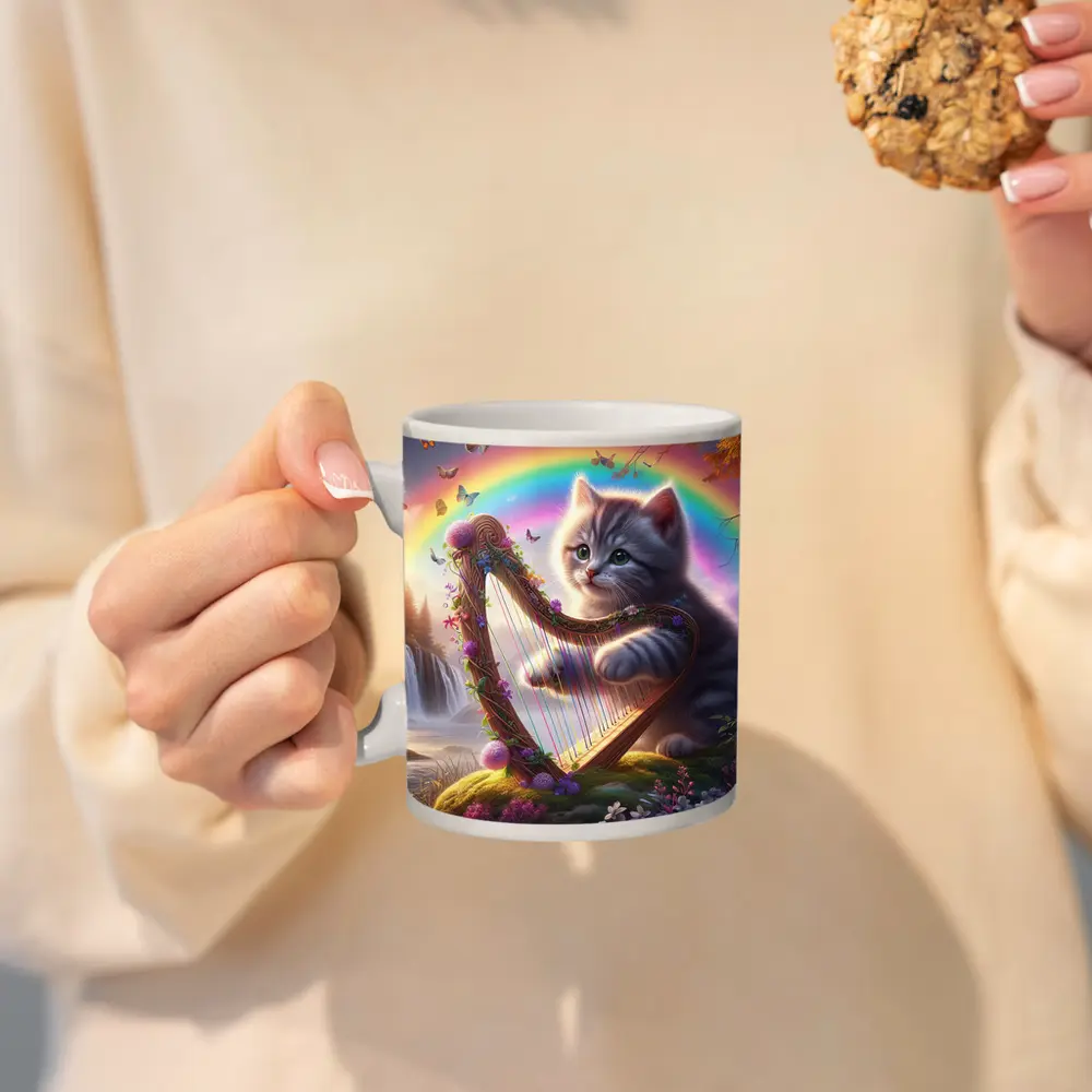 Gray Kitten Playing Harp Rainbow Fantasy – Mugs