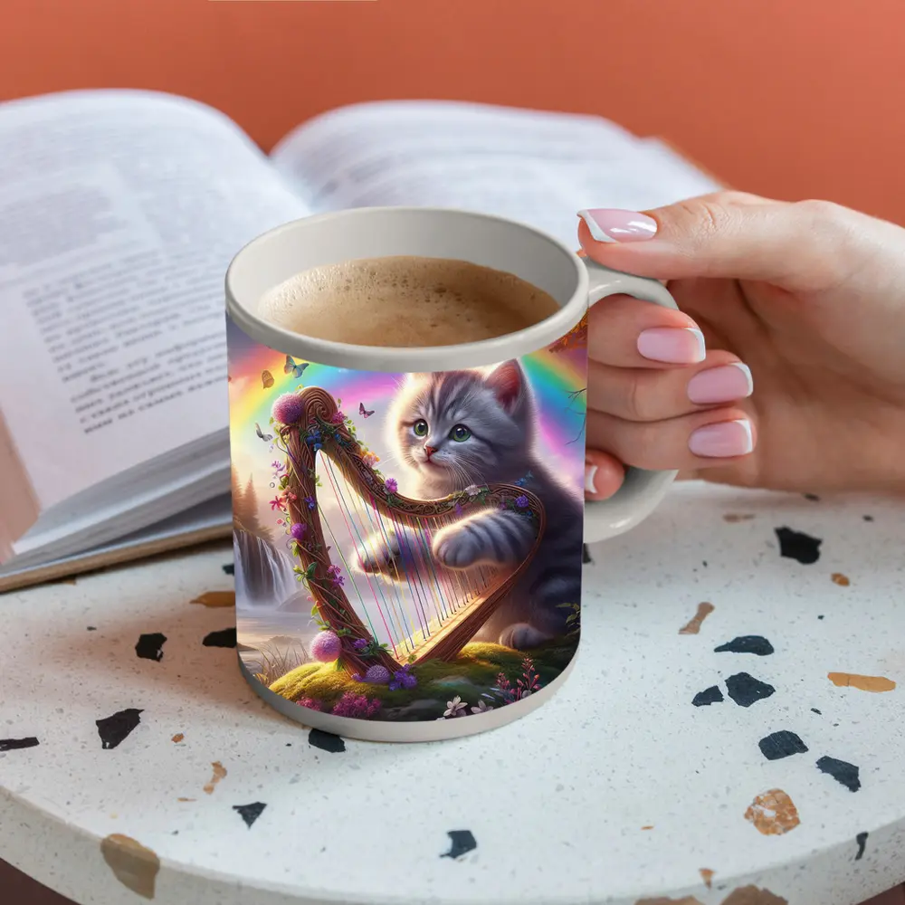 Gray Kitten Playing Harp Rainbow Fantasy – Mugs