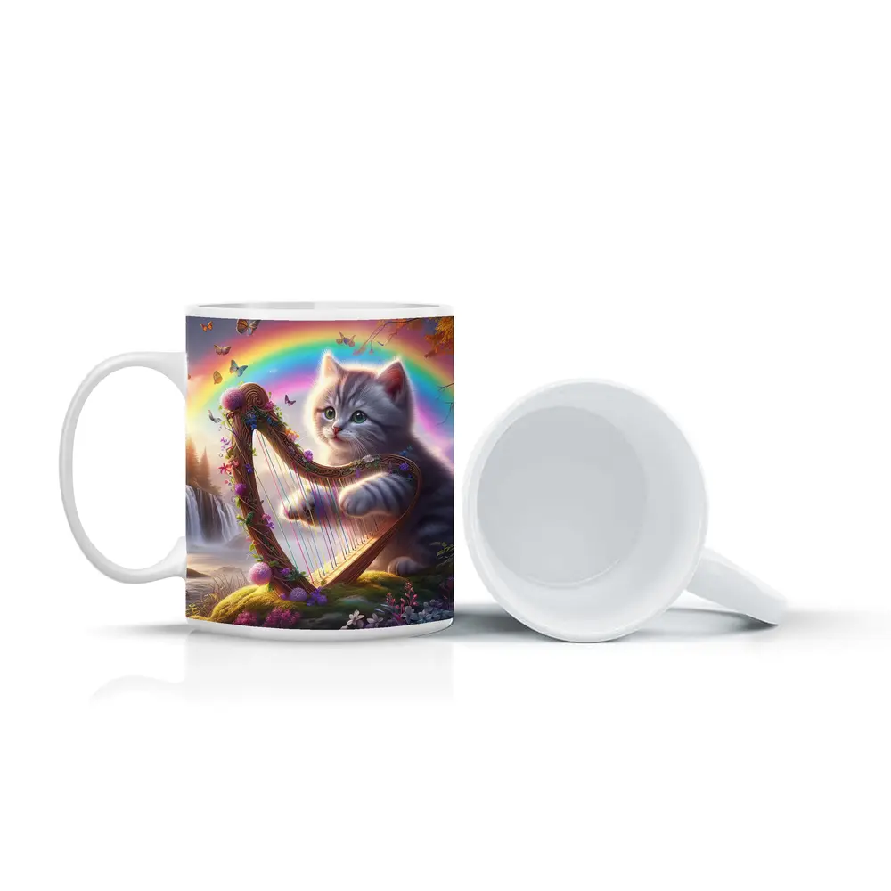 Gray Kitten Playing Harp Rainbow Fantasy – Mugs