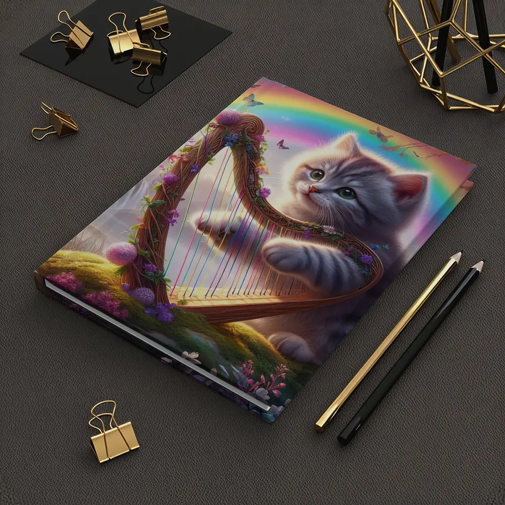 Gray Kitten Playing Harp Rainbow Fantasy – Notebooks