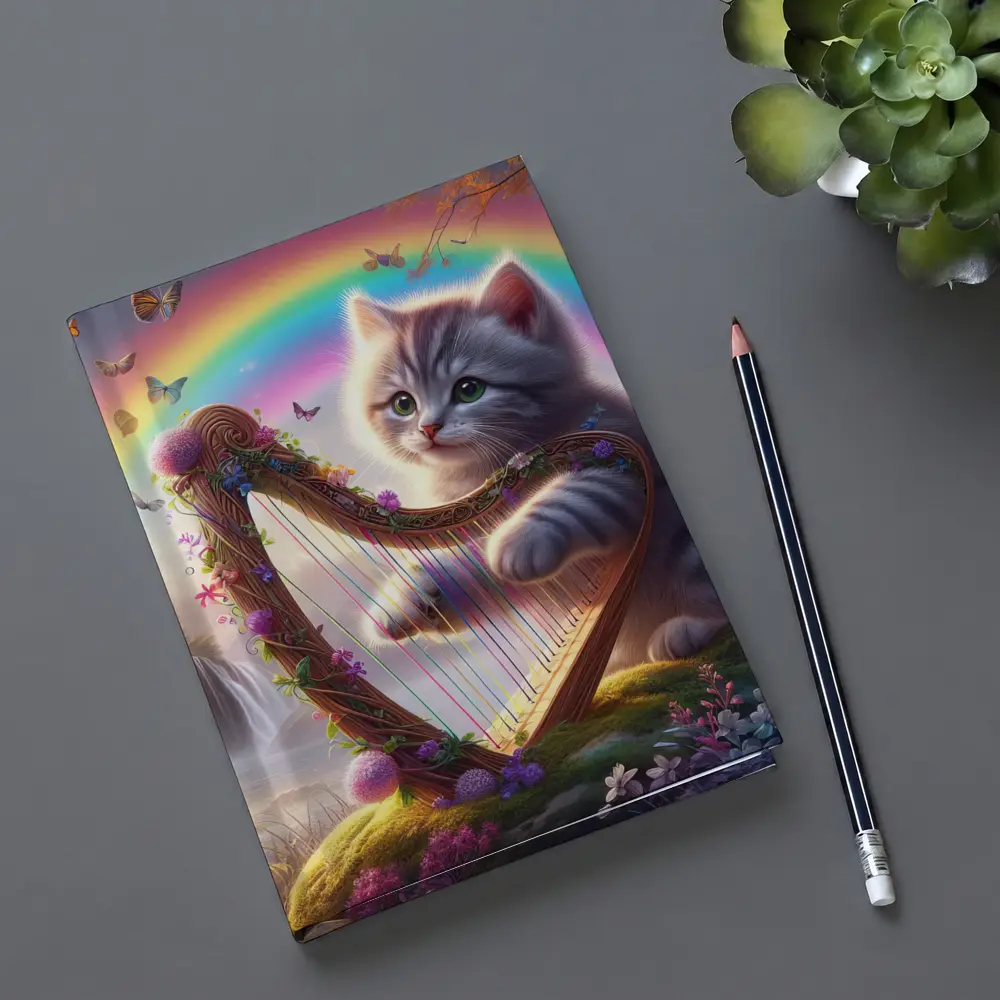 Gray Kitten Playing Harp Rainbow Fantasy – Notebooks