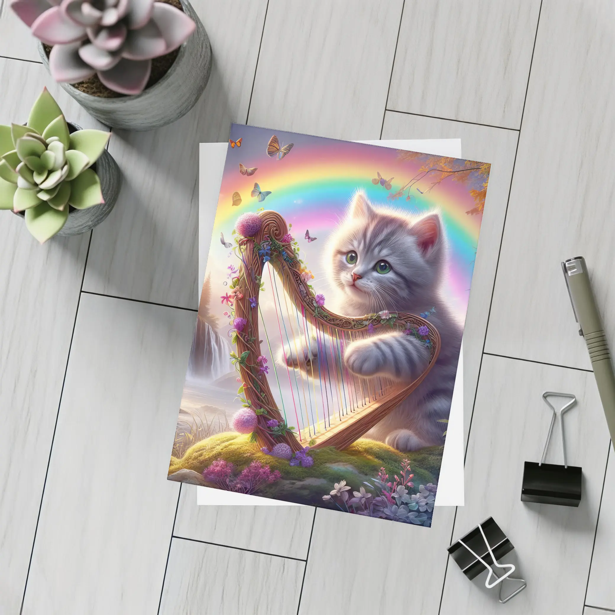 Gray Kitten Playing Harp Rainbow Fantasy – Postcards