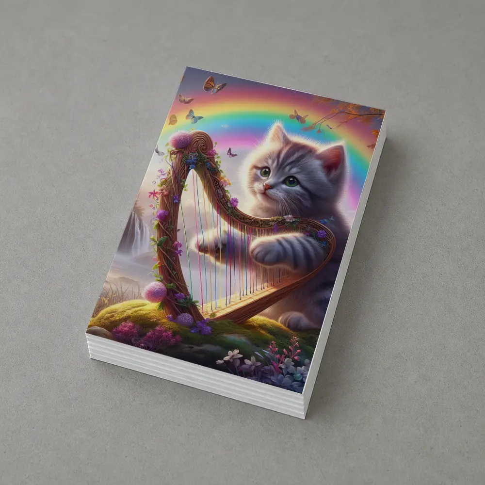 Gray Kitten Playing Harp Rainbow Fantasy – Postcards