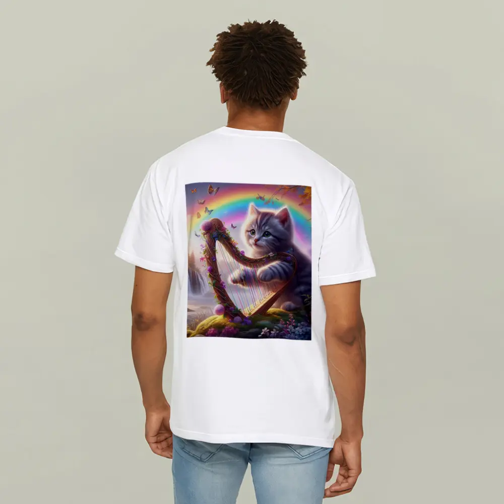 Gray Kitten Playing Harp Rainbow Fantasy – T-Shirts