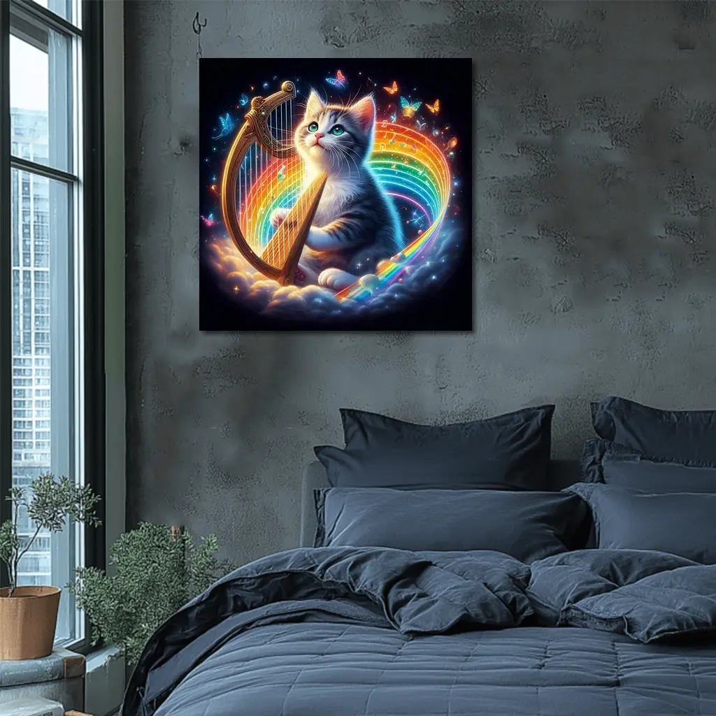 Kitten Playing Harp Rainbow Butterflies Fantasy – Wall Art