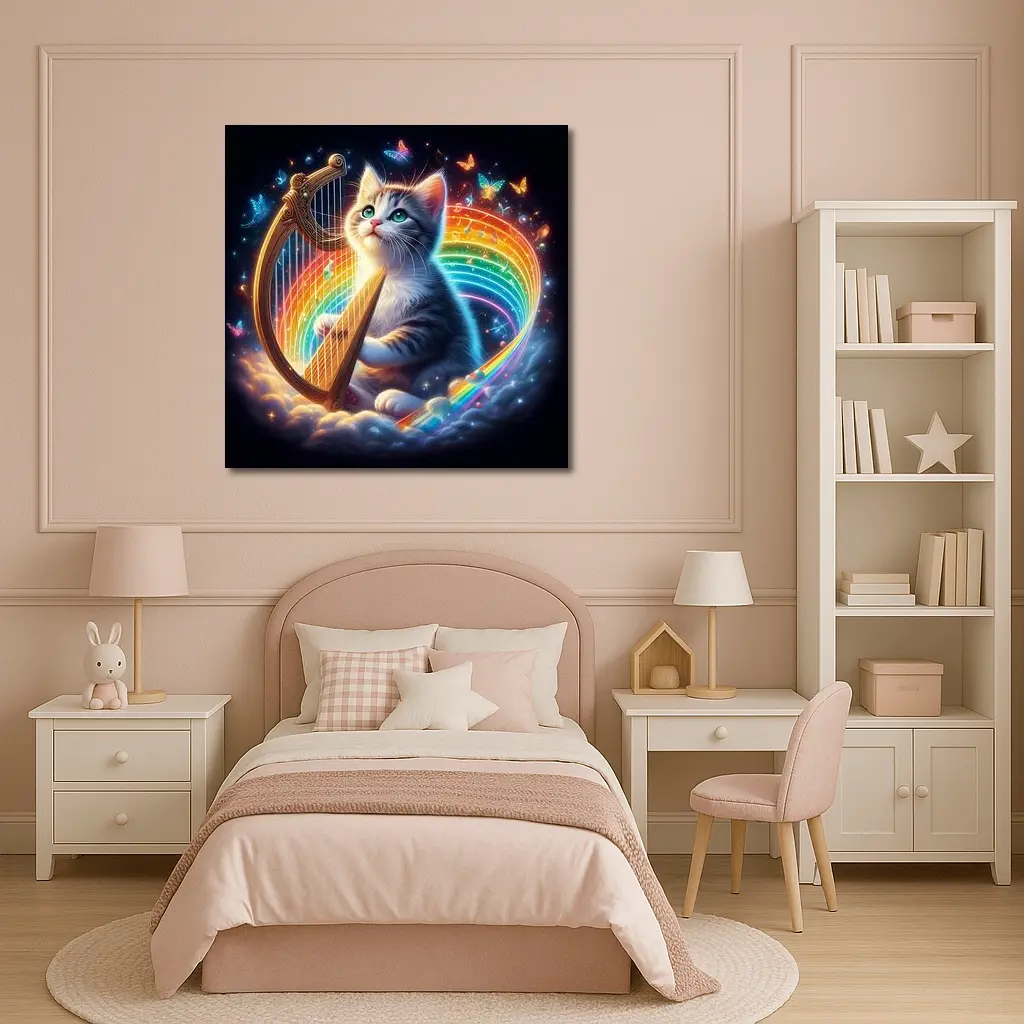Kitten Playing Harp Rainbow Butterflies Fantasy – Wall Art